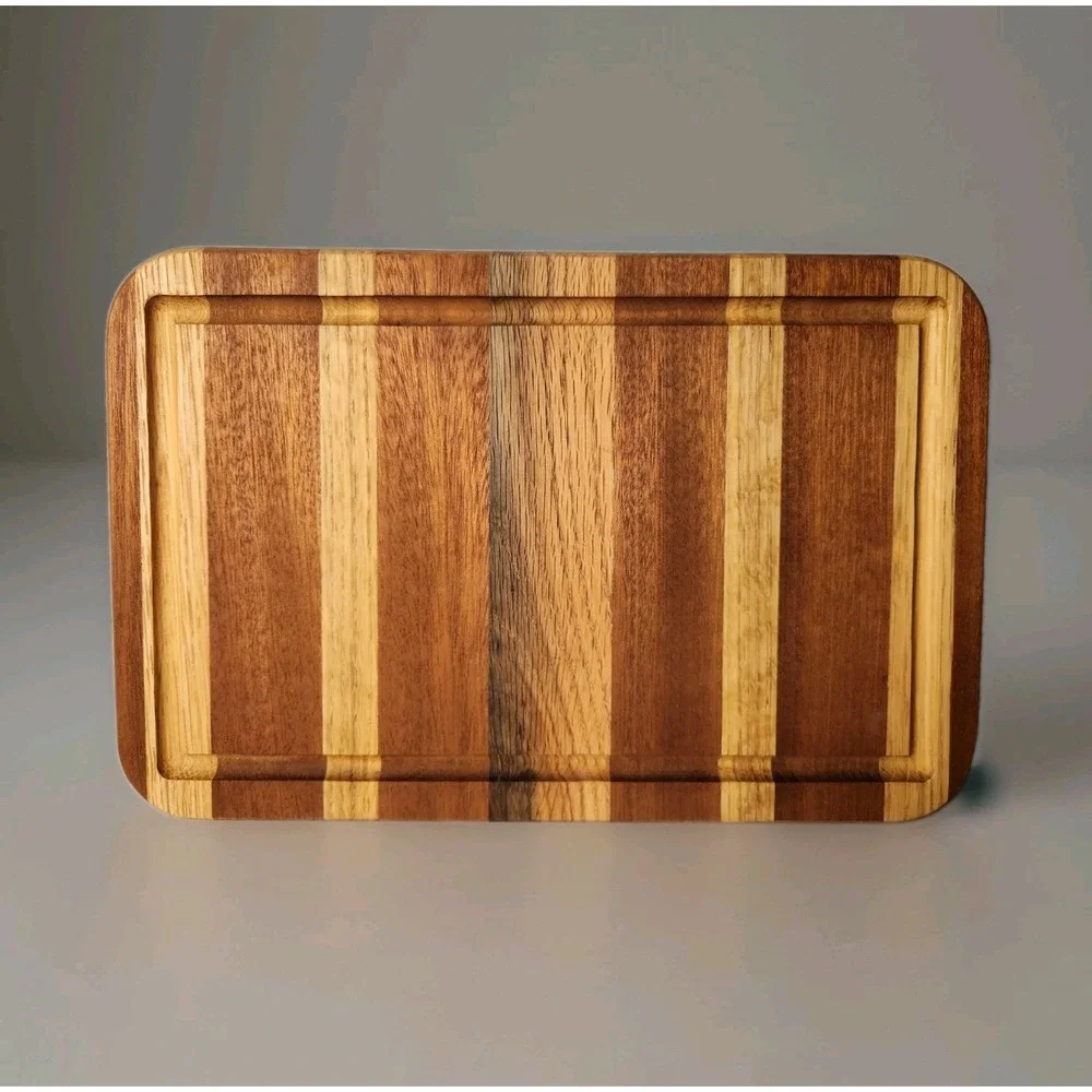 Thick Wood Cutting Board 12x8x1.5 Handcrafted Striped Charcuterie Juice Groove
